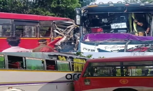 ಕೊಳಗಿಬೀಸ್ ಬಳಿ ಸಾರಿಗೆ ಬಸ್ ಹಾಗೂ ಖಾಸಗಿ ಬಸ್ ನಡುವೆ ಮುಖಾಮುಖಿ ಡಿಕ್ಕಿ;ಪ್ರಯಾಣಿಕರಿಗೆ ಗಾಯ