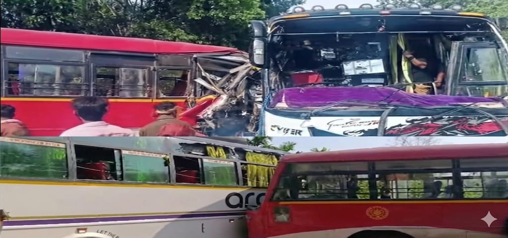 ಕೊಳಗಿಬೀಸ್ ಬಳಿ ಸಾರಿಗೆ ಬಸ್ ಹಾಗೂ ಖಾಸಗಿ ಬಸ್ ನಡುವೆ ಮುಖಾಮುಖಿ ಡಿಕ್ಕಿ;ಪ್ರಯಾಣಿಕರಿಗೆ ಗಾಯ