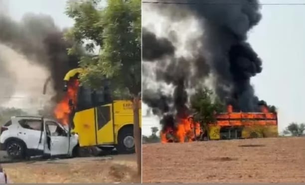 ಯಾದಗಿರಿಯ ಸುರಪುರದ ಬಳಿ ಕಾರು ಹಾಗೂ ಖಾಸಗಿ ಬಸ್ ನಡುವೆ ಭೀಕರ ಅಪಘಾತ;7 ಜನ ಸಜೀವ ದಹನ
