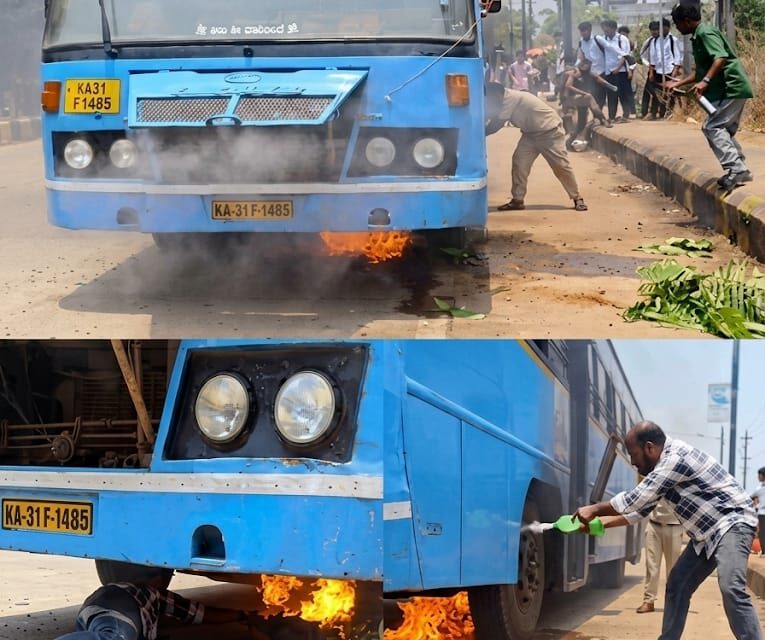 ಮುರುಡೇಶ್ವರ ಚಲಿಸುತ್ತಿದ್ದ ಸಾರಿಗೆ ಬಸ್ ನ ಇಂಜಿನ್ ಭಾಗದಲ್ಲಿ ಆಕಸ್ಮಿಕ ಬೆಂಕಿ;ತಪ್ಪಿದ ಅನಾಹುತ