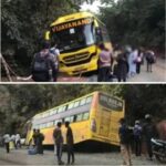 ಅಪೂರ್ಣ ರಸ್ತೆ ಕಾಮಗಾರಿ,ಗಟಾರಕ್ಕೆ ಇಳಿದ ಖಾಸಗಿ ಬಸ್; ತಪ್ಪಿದ ಅನಾಹುತ