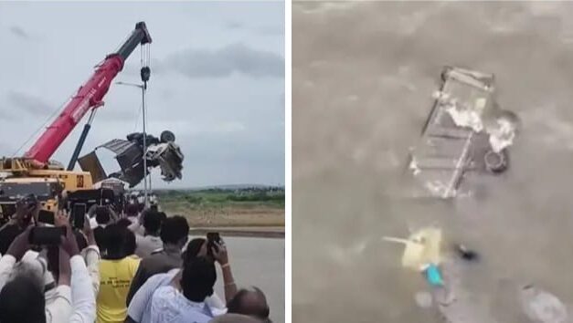 ಕೋರ್ತಿ-ಕೊಲ್ಹಾರ ಸೇತುವೆಯಿಂದ ಕೃಷ್ಣಾ ನದಿಗೆ ಉರುಳಿದ ಟಿಪ್ಪರ್ ಲಾರಿ: ಚಾಲಕ ನಾಪತ್ತೆ, ಕ್ಲೀನರ್ ರಕ್ಷಣೆ