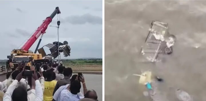 ಕೋರ್ತಿ-ಕೊಲ್ಹಾರ ಸೇತುವೆಯಿಂದ ಕೃಷ್ಣಾ ನದಿಗೆ ಉರುಳಿದ ಟಿಪ್ಪರ್ ಲಾರಿ: ಚಾಲಕ ನಾಪತ್ತೆ, ಕ್ಲೀನರ್ ರಕ್ಷಣೆ