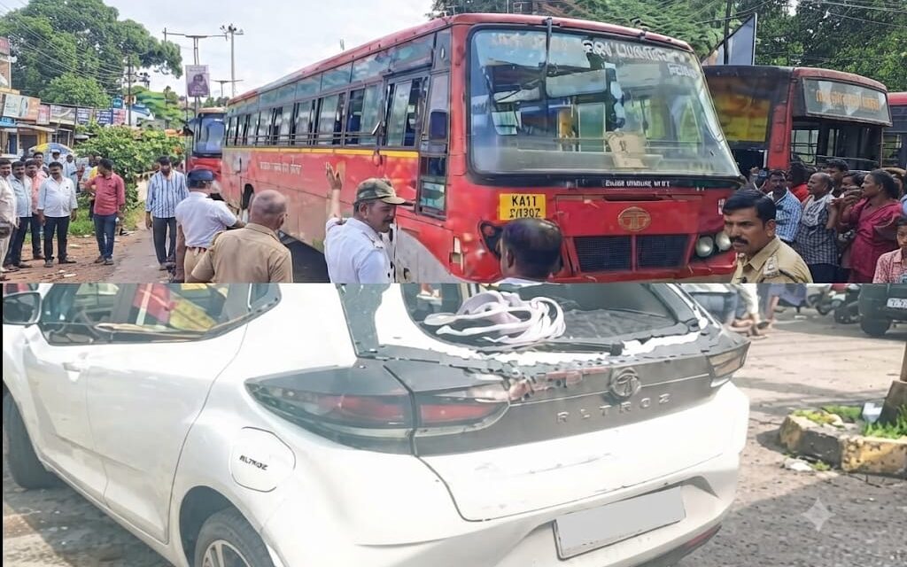 ಕಾರವಾರ ನಗರದ ಬಸ್ ನಿಲ್ದಾಣದ ಸಮೀಪ ಬಸ್-ಕಾರು ಡಿಕ್ಕಿ.